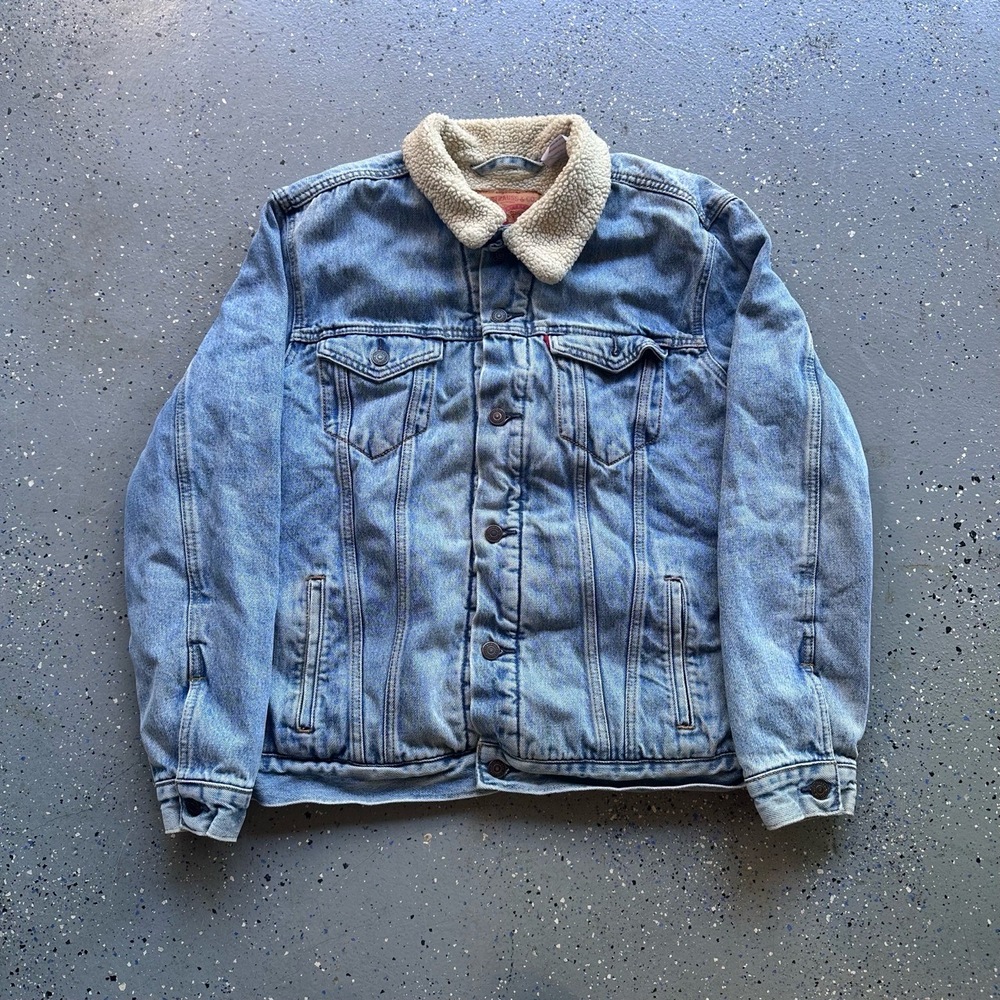 Levi's Sherpa Jean Trucker Jacket Mens Large Light Blue Sherpa Lined Vintage - Picture 8 of 8
